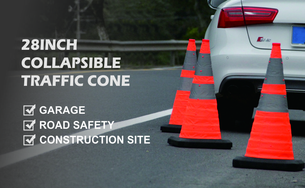 28INCH Collapsible Traffic Cone with Heavy Base GARAGE; ROAD SAFETY; CONSTRUCTION SITE;