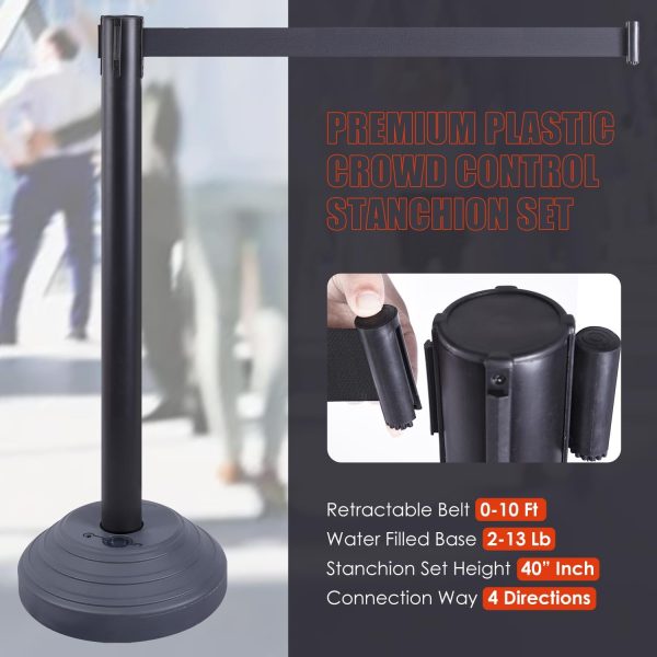 Premium Plastig Growd Control Stanchion Set ： Retractable Belt 0-10 Ft ; Water Filled Base 2-13 Lb ; Stanchion Set Height 40”Inch ; Connection Way 4 Directions;