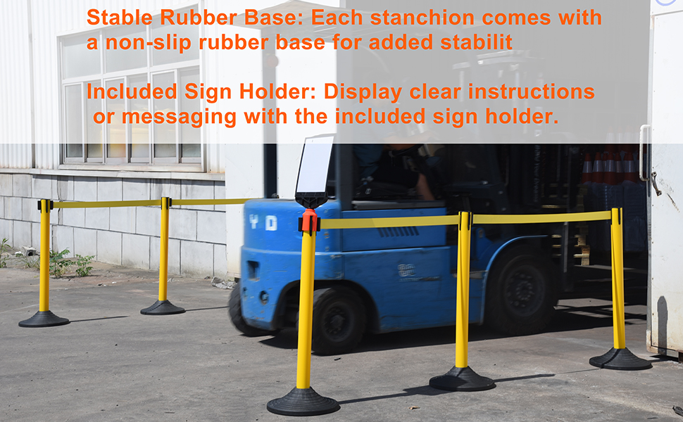 Stable Rubber Base: Each stanchion comes with a non-slip rubber base for added stabilit. Included Sign Holder: Display clear instructions or messaging with the included sign holder.