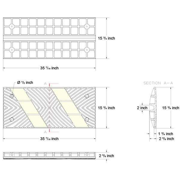 Curbside Bridge Ramps with Yellow 2D Strines Product dimensions.