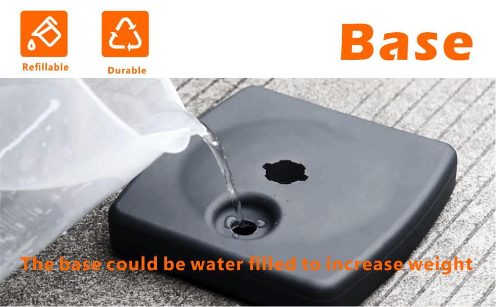 The base can be filled with water to increase weight, making it difficult to pour out. It is more durable and easy to assemble and disassemble.