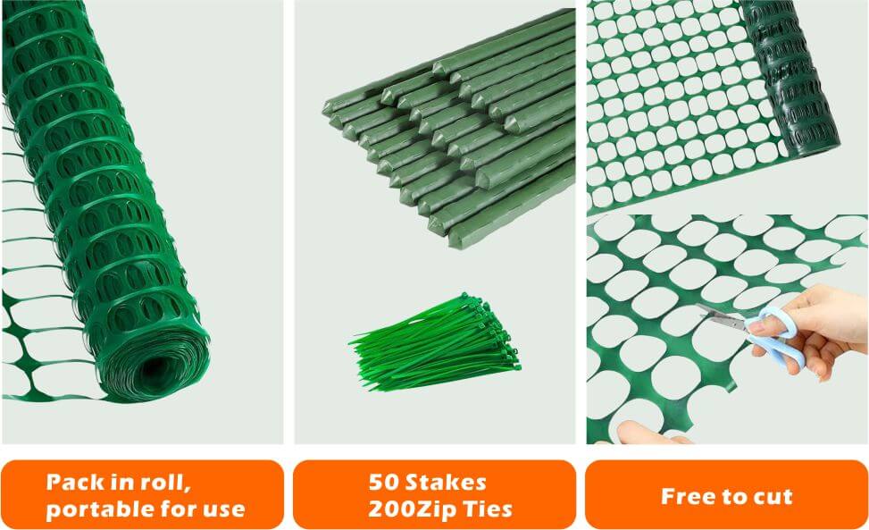 50 stakes, 200 cable ties. Can be cut freely as needed. Easy to install and remove, can be rolled up and put aside at any time for future use.