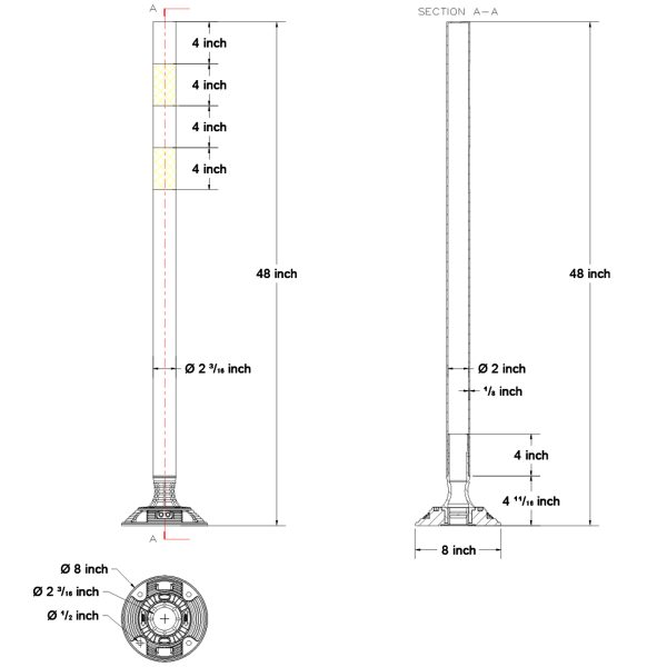 48Inch Flexible Surface Mount Delineator Post 2D Product dimensions