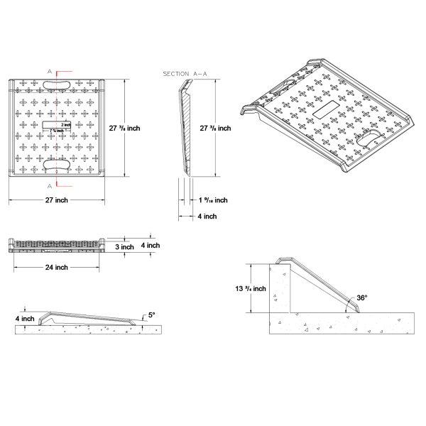 Portable Curb Ramp 2D Product dimensions.