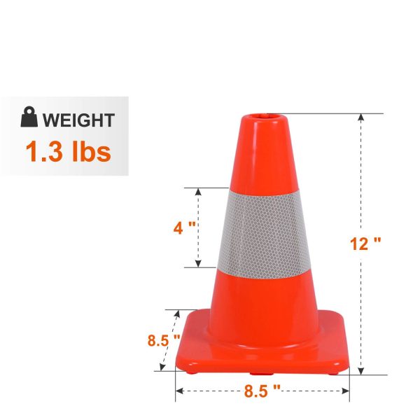 12Inch Fluorescent Orange Flexible PVC Traffic Cone with Reflective Collar. Product dimensions.