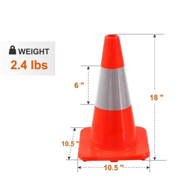 18Inch Fluorescent Orange Flexible PVC Traffic Cone with Reflective Collar. Product dimensions.